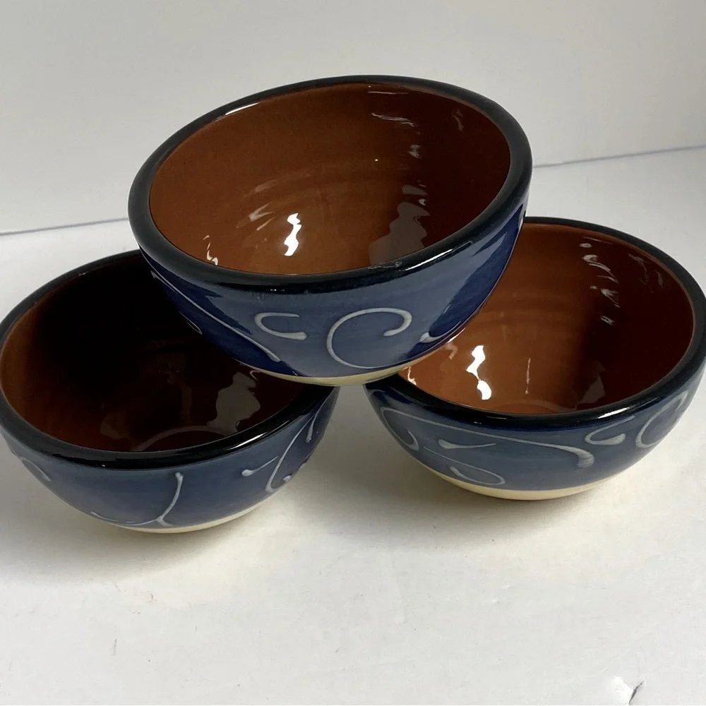 Crate & Barrel Blue Yellow Scroll Dip Bowls Set of 3 Portugal Hand Painted